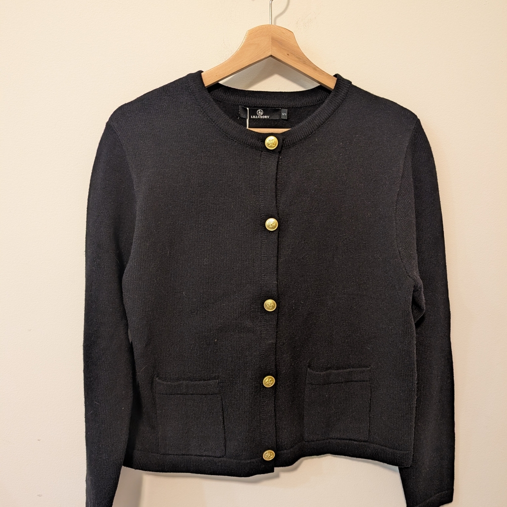Lillusory Black Crewneck Cardigan Gold Buttons Small Sweater Jacket Pockets